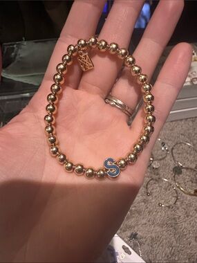 Gold Beaded Stretch Bracelet with Blue 'S' Initial Charm - Unbranded